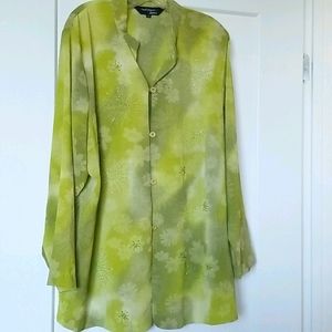 Casual Elegance Sequined Long Sleeve Floral Patterned Green Shirt Size XL